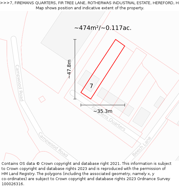 7, FIREMANS QUARTERS, FIR TREE LANE, ROTHERWAS INDUSTRIAL ESTATE, HEREFORD, HR2 6LA: Plot and title map
