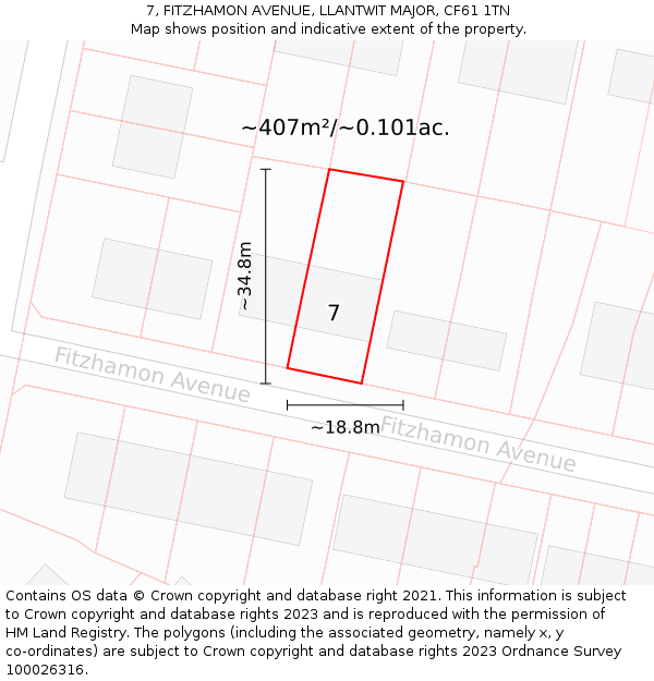 7, FITZHAMON AVENUE, LLANTWIT MAJOR, CF61 1TN: Plot and title map