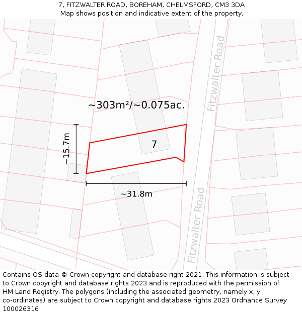 7, FITZWALTER ROAD, BOREHAM, CHELMSFORD, CM3 3DA: Plot and title map