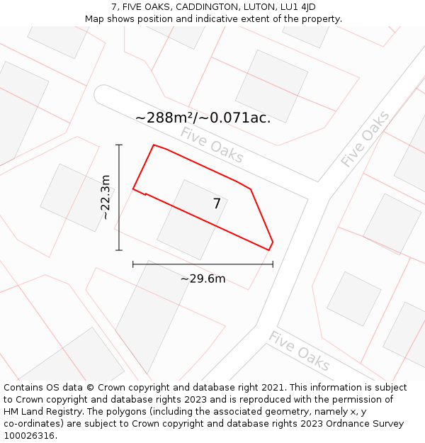 7, FIVE OAKS, CADDINGTON, LUTON, LU1 4JD: Plot and title map
