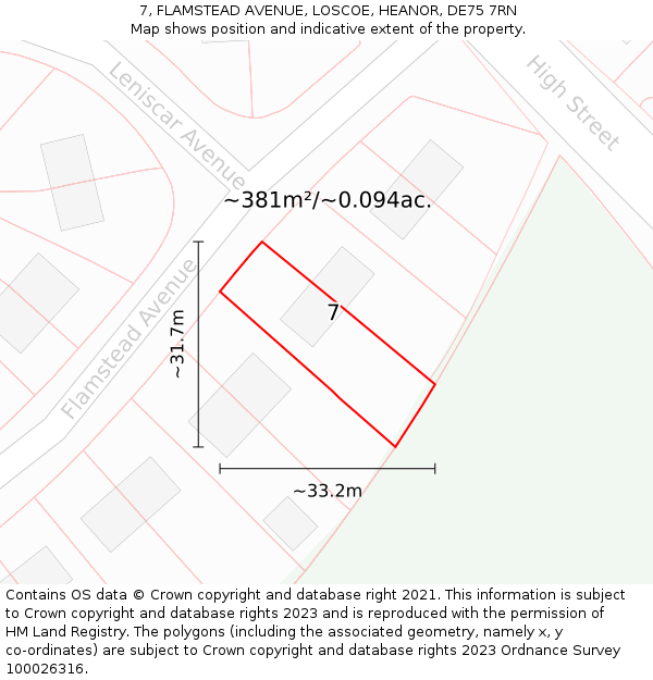 7, FLAMSTEAD AVENUE, LOSCOE, HEANOR, DE75 7RN: Plot and title map