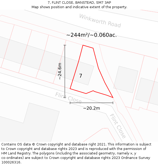 7, FLINT CLOSE, BANSTEAD, SM7 3AP: Plot and title map