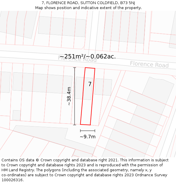 7, FLORENCE ROAD, SUTTON COLDFIELD, B73 5NJ: Plot and title map