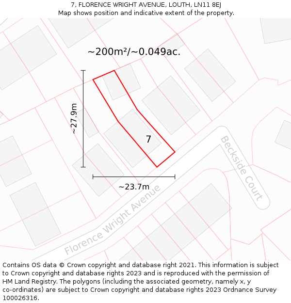 7, FLORENCE WRIGHT AVENUE, LOUTH, LN11 8EJ: Plot and title map