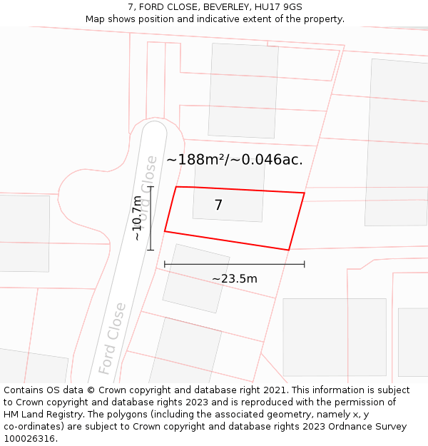 7, FORD CLOSE, BEVERLEY, HU17 9GS: Plot and title map