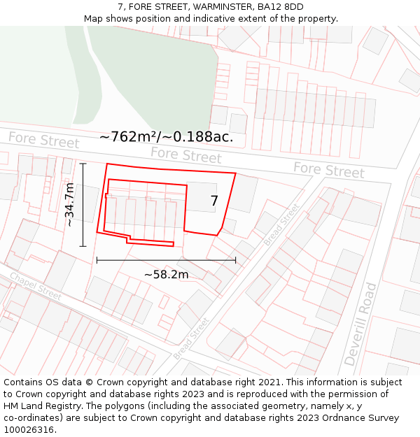 7, FORE STREET, WARMINSTER, BA12 8DD: Plot and title map