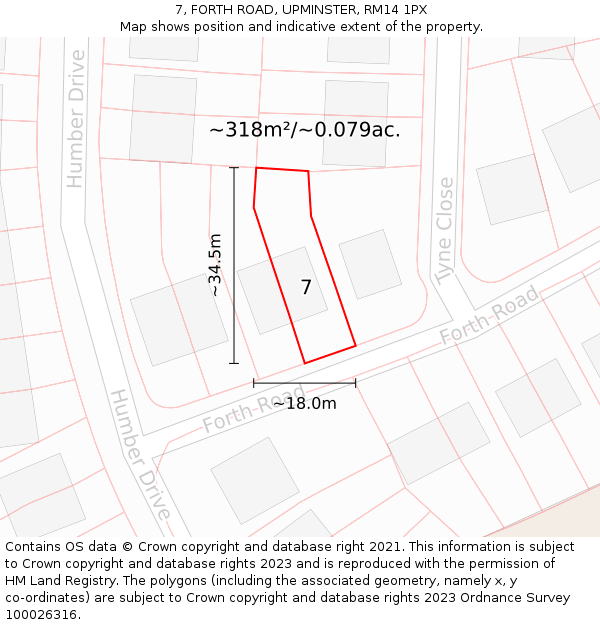 7, FORTH ROAD, UPMINSTER, RM14 1PX: Plot and title map