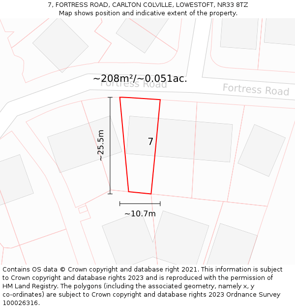 7, FORTRESS ROAD, CARLTON COLVILLE, LOWESTOFT, NR33 8TZ: Plot and title map