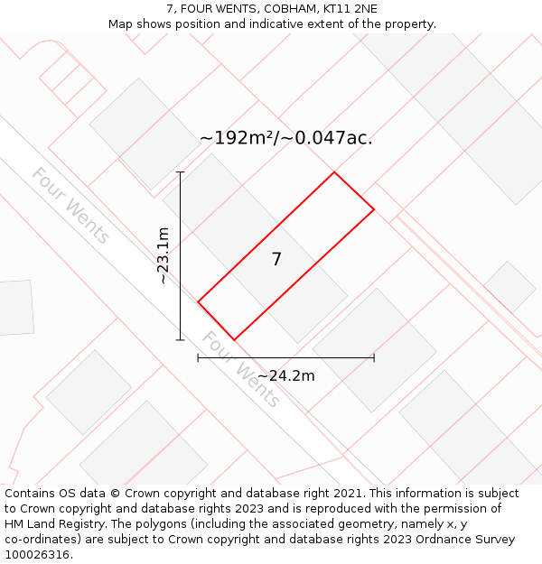 7, FOUR WENTS, COBHAM, KT11 2NE: Plot and title map