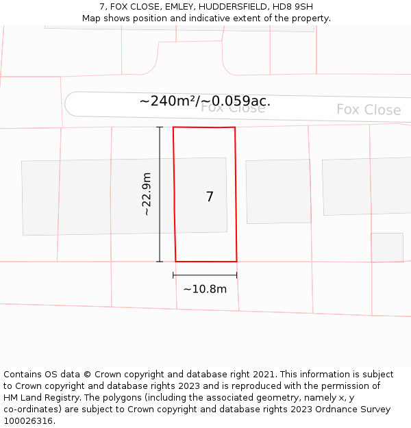 7, FOX CLOSE, EMLEY, HUDDERSFIELD, HD8 9SH: Plot and title map