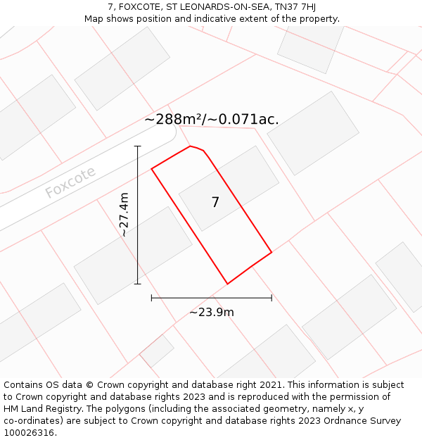 7, FOXCOTE, ST LEONARDS-ON-SEA, TN37 7HJ: Plot and title map