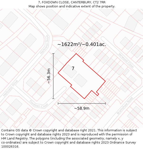7, FOXDOWN CLOSE, CANTERBURY, CT2 7RR: Plot and title map