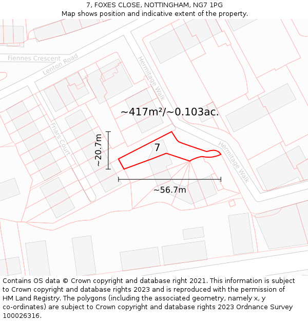 7, FOXES CLOSE, NOTTINGHAM, NG7 1PG: Plot and title map