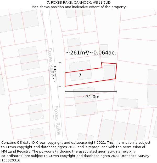 7, FOXES RAKE, CANNOCK, WS11 5UD: Plot and title map