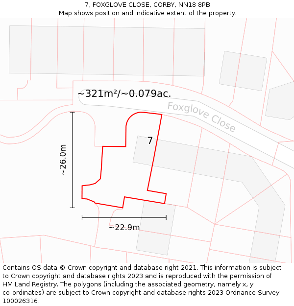 7, FOXGLOVE CLOSE, CORBY, NN18 8PB: Plot and title map