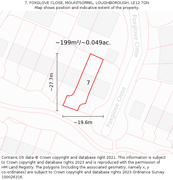 7, FOXGLOVE CLOSE, MOUNTSORREL, LOUGHBOROUGH, LE12 7GN: Plot and title map