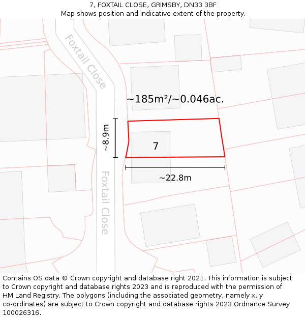 7, FOXTAIL CLOSE, GRIMSBY, DN33 3BF: Plot and title map