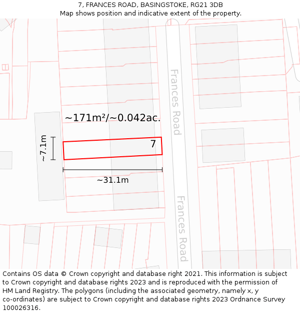 7, FRANCES ROAD, BASINGSTOKE, RG21 3DB: Plot and title map