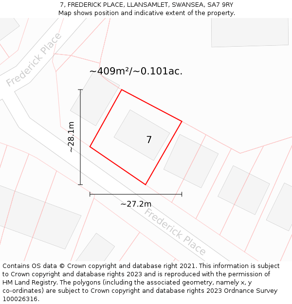 7, FREDERICK PLACE, LLANSAMLET, SWANSEA, SA7 9RY: Plot and title map