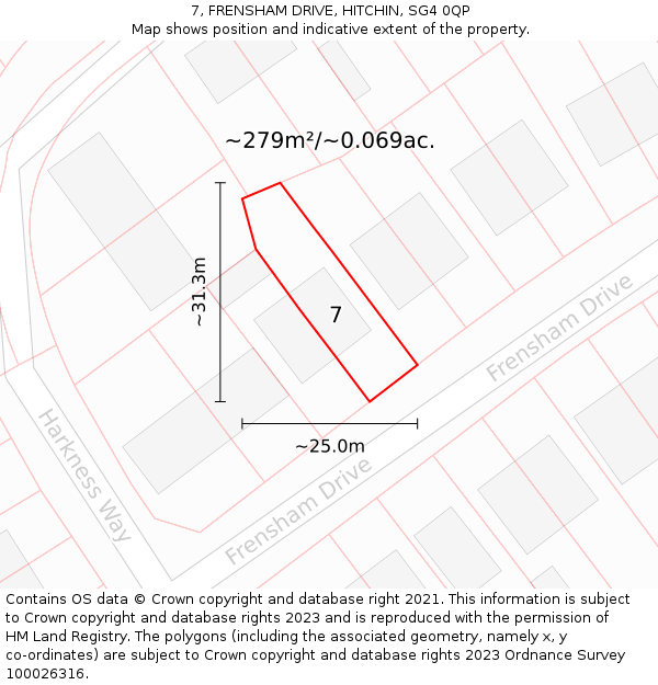 7, FRENSHAM DRIVE, HITCHIN, SG4 0QP: Plot and title map