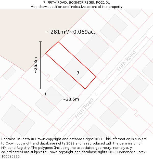 7, FRITH ROAD, BOGNOR REGIS, PO21 5LJ: Plot and title map