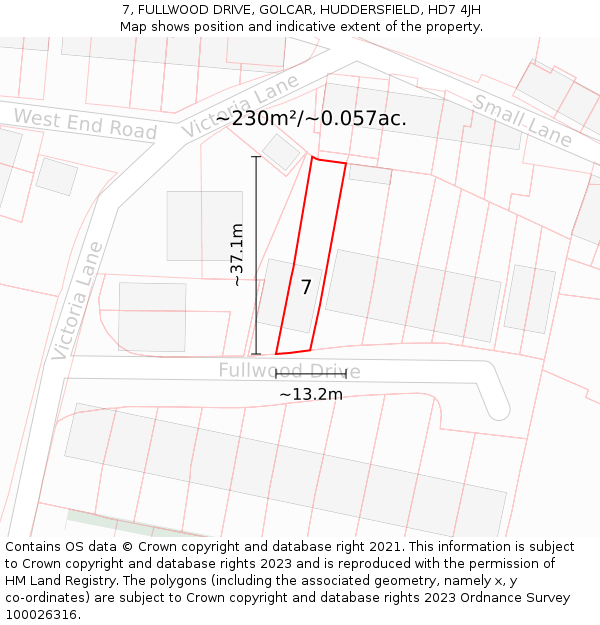 7, FULLWOOD DRIVE, GOLCAR, HUDDERSFIELD, HD7 4JH: Plot and title map