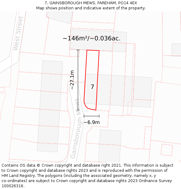 7, GAINSBOROUGH MEWS, FAREHAM, PO14 4EX: Plot and title map