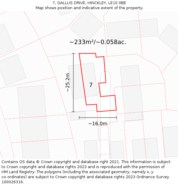 7, GALLUS DRIVE, HINCKLEY, LE10 0BE: Plot and title map