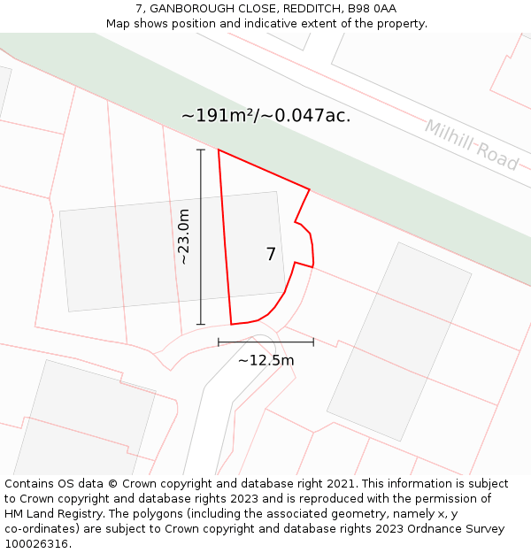 7, GANBOROUGH CLOSE, REDDITCH, B98 0AA: Plot and title map