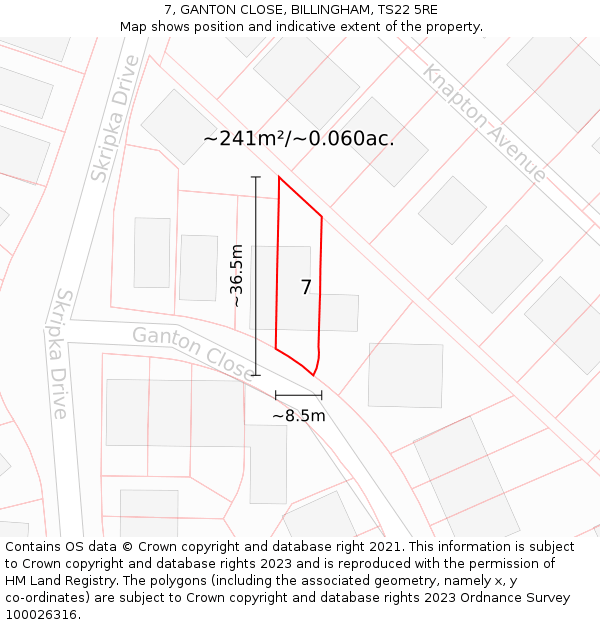 7, GANTON CLOSE, BILLINGHAM, TS22 5RE: Plot and title map