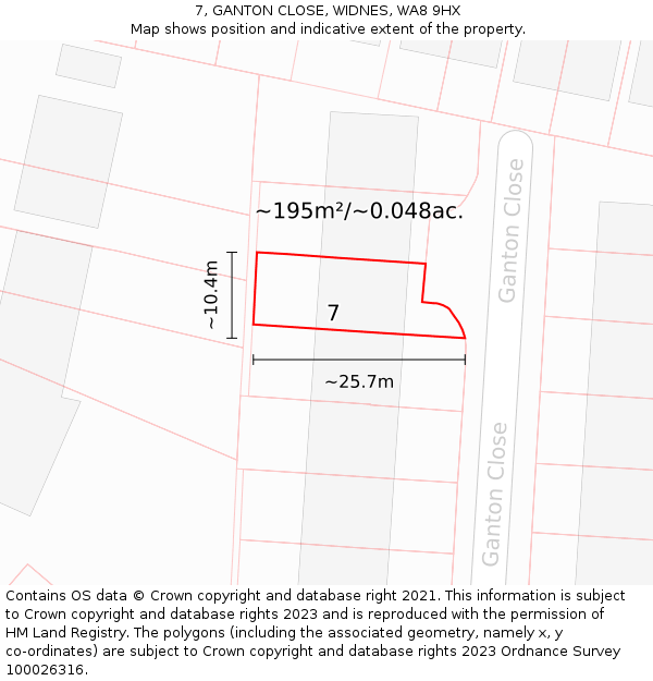 7, GANTON CLOSE, WIDNES, WA8 9HX: Plot and title map