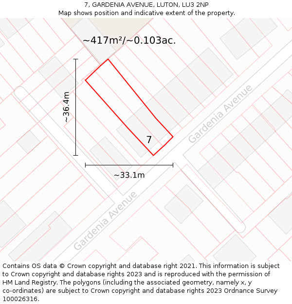 7, GARDENIA AVENUE, LUTON, LU3 2NP: Plot and title map