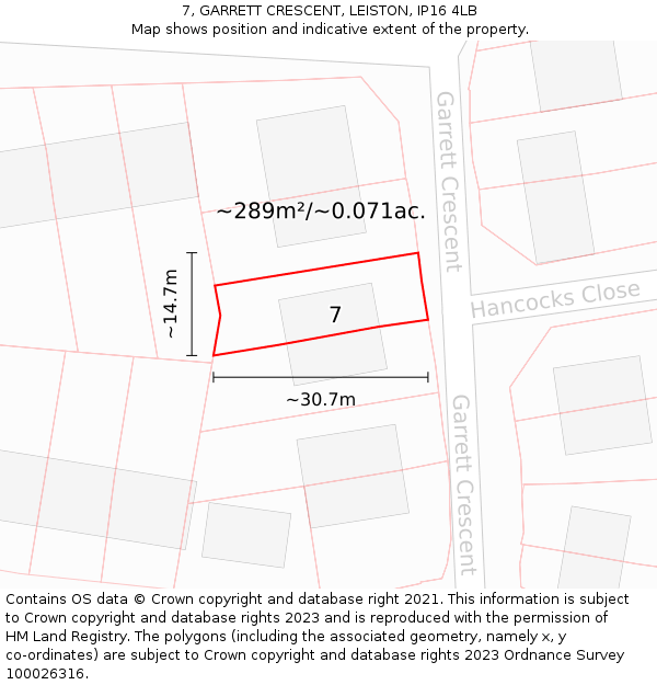 7, GARRETT CRESCENT, LEISTON, IP16 4LB: Plot and title map