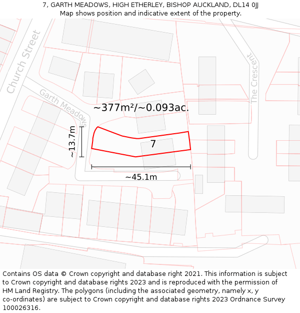 7, GARTH MEADOWS, HIGH ETHERLEY, BISHOP AUCKLAND, DL14 0JJ: Plot and title map