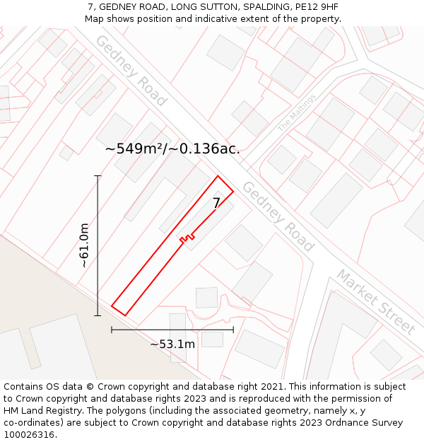 7, GEDNEY ROAD, LONG SUTTON, SPALDING, PE12 9HF: Plot and title map