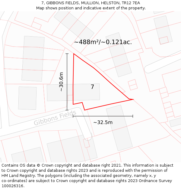7, GIBBONS FIELDS, MULLION, HELSTON, TR12 7EA: Plot and title map