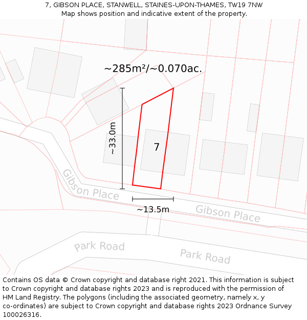 7, GIBSON PLACE, STANWELL, STAINES-UPON-THAMES, TW19 7NW: Plot and title map