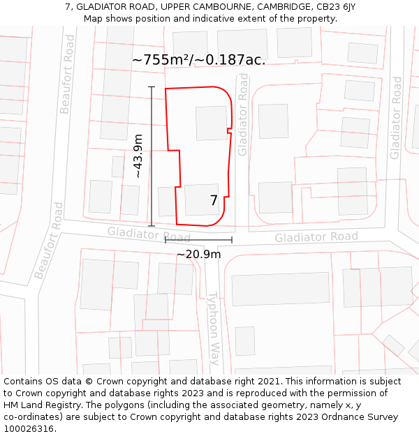 7, GLADIATOR ROAD, UPPER CAMBOURNE, CAMBRIDGE, CB23 6JY: Plot and title map