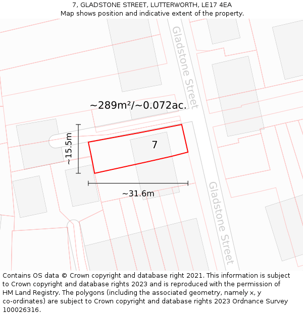 7, GLADSTONE STREET, LUTTERWORTH, LE17 4EA: Plot and title map