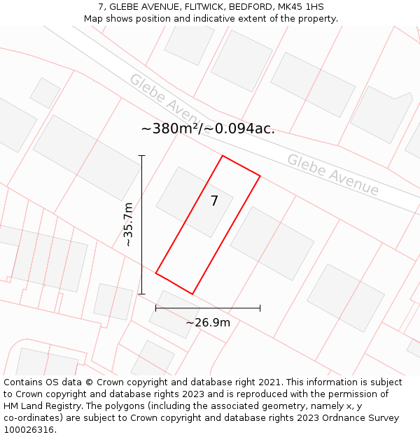7, GLEBE AVENUE, FLITWICK, BEDFORD, MK45 1HS: Plot and title map