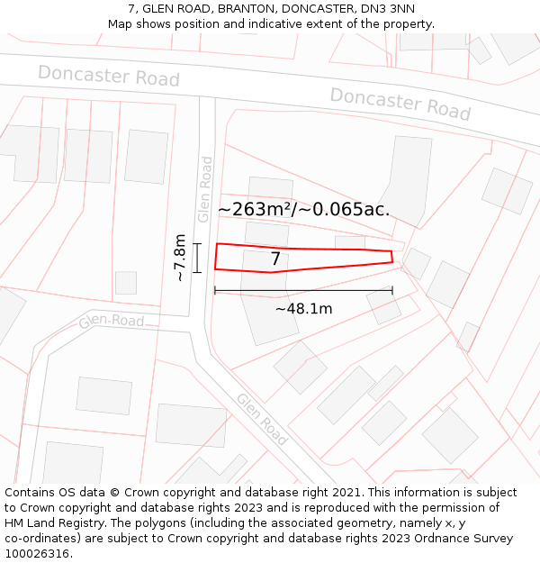 7, GLEN ROAD, BRANTON, DONCASTER, DN3 3NN: Plot and title map