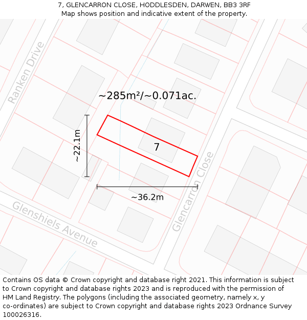 7, GLENCARRON CLOSE, HODDLESDEN, DARWEN, BB3 3RF: Plot and title map
