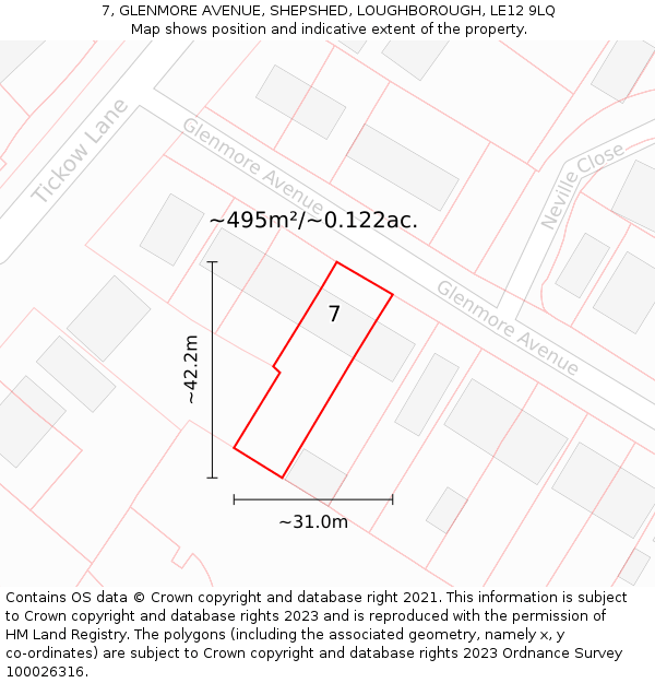 7, GLENMORE AVENUE, SHEPSHED, LOUGHBOROUGH, LE12 9LQ: Plot and title map