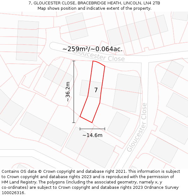 7, GLOUCESTER CLOSE, BRACEBRIDGE HEATH, LINCOLN, LN4 2TB: Plot and title map
