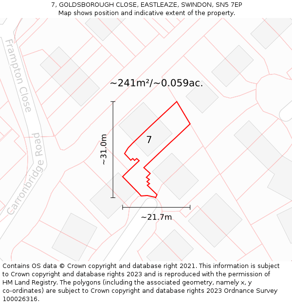 7, GOLDSBOROUGH CLOSE, EASTLEAZE, SWINDON, SN5 7EP: Plot and title map