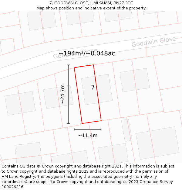 7, GOODWIN CLOSE, HAILSHAM, BN27 3DE: Plot and title map