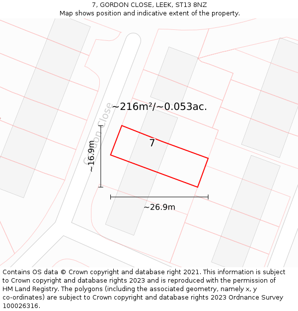 7, GORDON CLOSE, LEEK, ST13 8NZ: Plot and title map