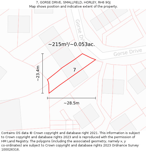 7, GORSE DRIVE, SMALLFIELD, HORLEY, RH6 9GJ: Plot and title map