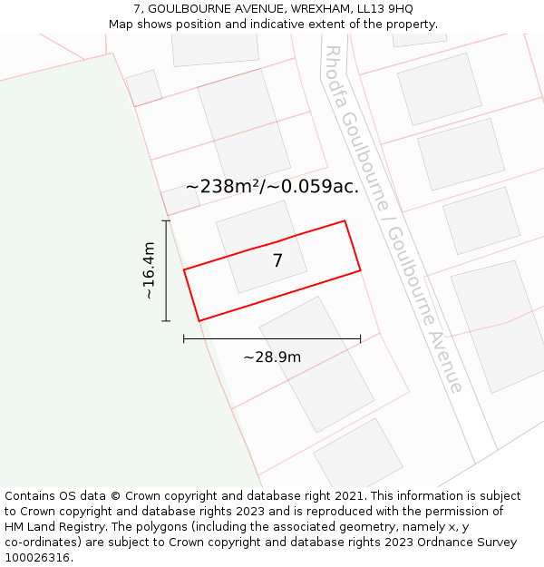 7, GOULBOURNE AVENUE, WREXHAM, LL13 9HQ: Plot and title map