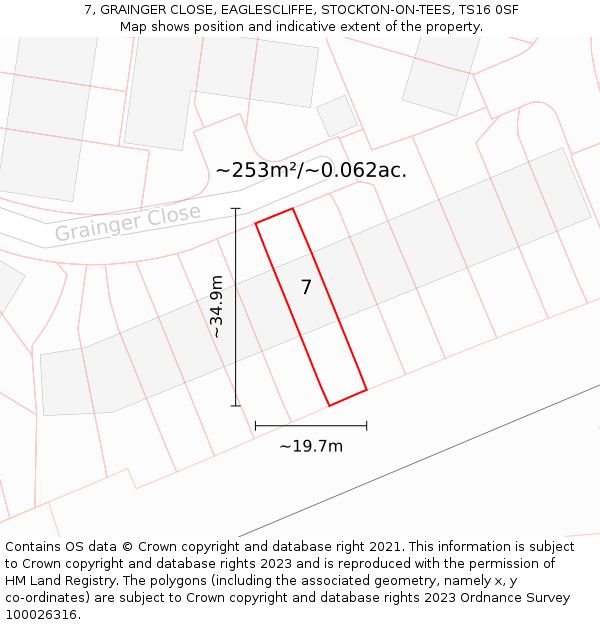 7, GRAINGER CLOSE, EAGLESCLIFFE, STOCKTON-ON-TEES, TS16 0SF: Plot and title map